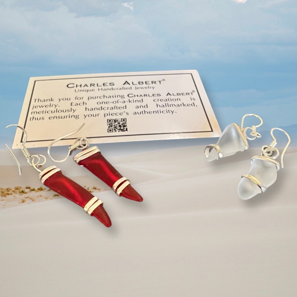 Red and White  Pompano Beach Glass Freeform Pierced Earrings